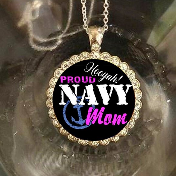 Proud Navy Mom necklace rhinestones 925 silver necklace Hooyah pretty gift - Picture 1 of 2